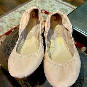 Tory Burch, authentic, size 7.5, cream/light pink patten leather. Used